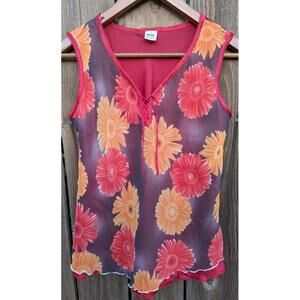 Vintage Women's Size L Y2K Floral Red Lined Sheer Sleeveless Boho Chic Blouse